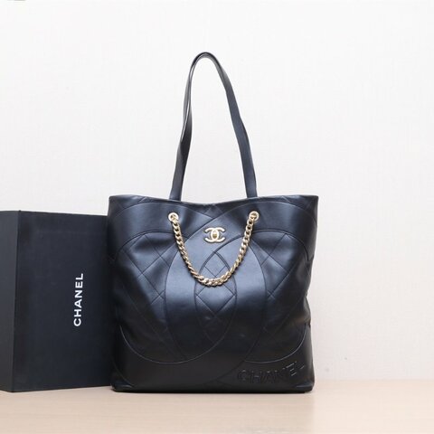 CHANEL 23CTote托特包大雙CLogo鏈條手提黑色晶片金扣肩背包