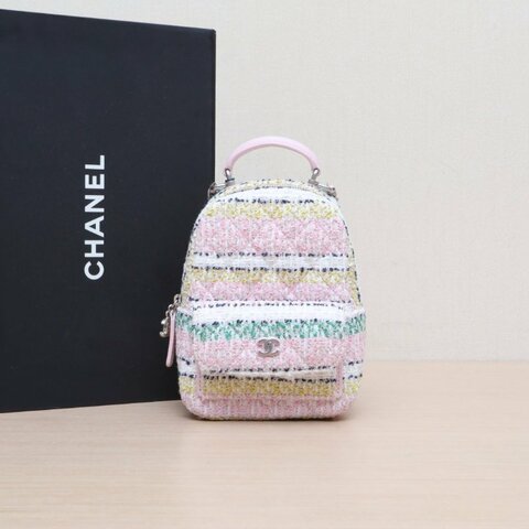 CHANEL 手提前口袋雙肩包彩色粗花呢鐳射標肩背包