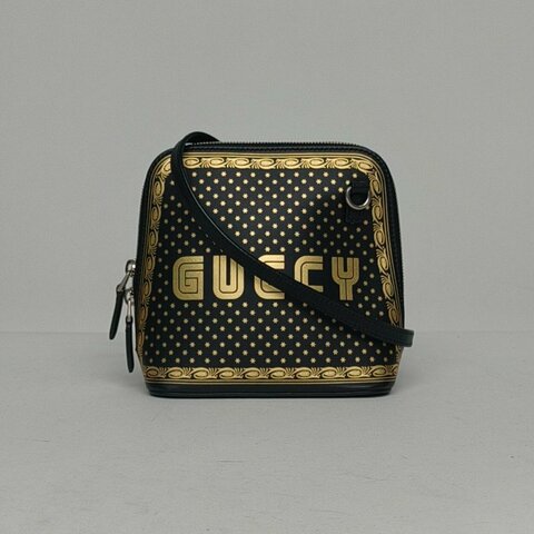 GUCCI 黑色牛皮銀扣LOGO字母貝殼包斜挎包肩背包