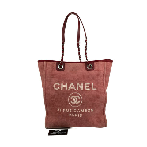 △ CHANEL 香奈兒 Pink Canvas Silver Tone Metal Deauville No.15 Chain Shoulder Bag 粉紅色帆布銀色金屬No.15鎖鏈肩背包-267010683