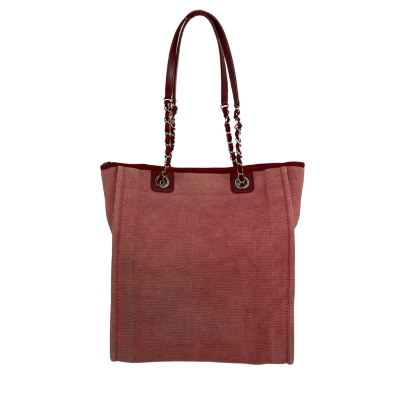 △ CHANEL 香奈兒 Pink Canvas Silver Tone Metal Deauville No.15 Chain Shoulder Bag 粉紅色帆布銀色金屬No.15鎖鏈肩背包-267010683-2