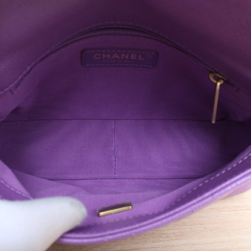 CHANEL 22P口蓋包紫色荔枝牛皮晶片金扣雙皮穿鏈肩背包-3