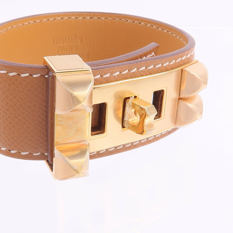 HERMES Madame皮革Collier De Chien 24 Bracelet手帶Gold-4