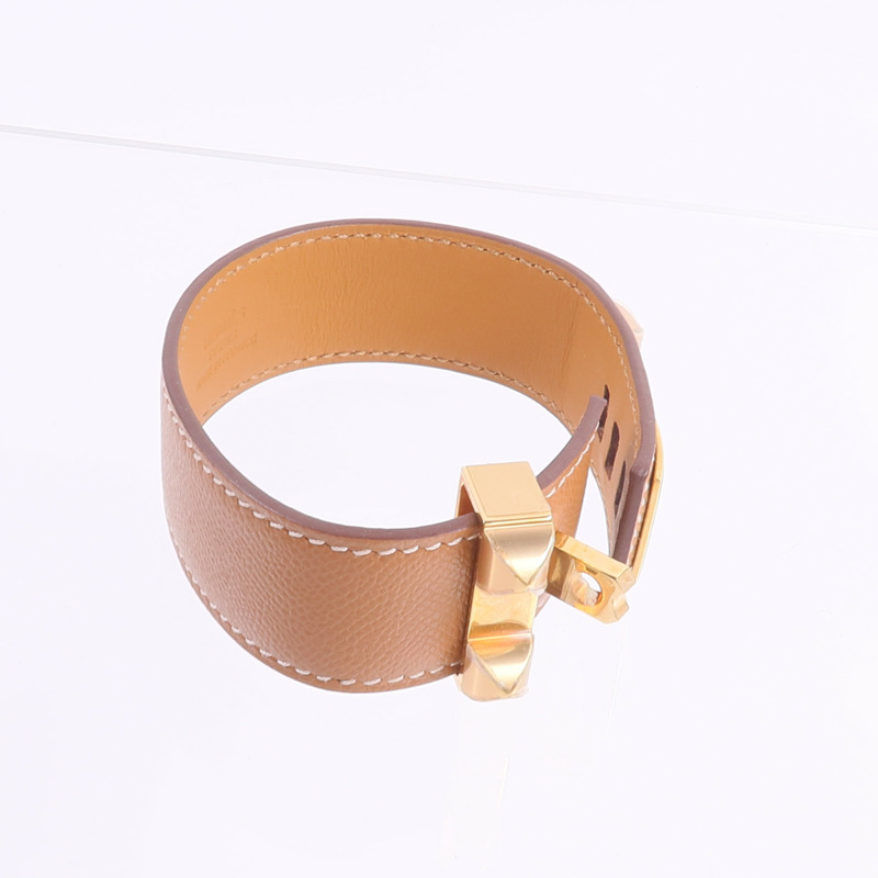 HERMES Madame皮革Collier De Chien 24 Bracelet手帶Gold-8