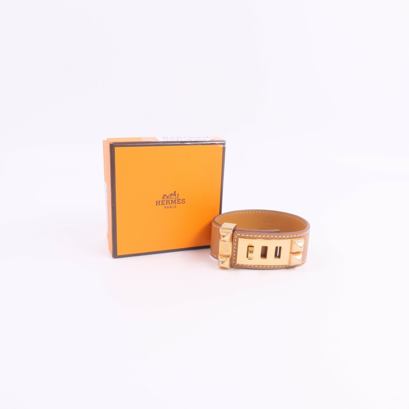 HERMES Madame皮革Collier De Chien 24 Bracelet手帶Gold-9