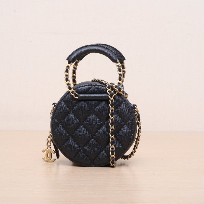 CHANEL 黑色荔枝牛皮29開金扣手提圓餅鏈條包肩背包-1