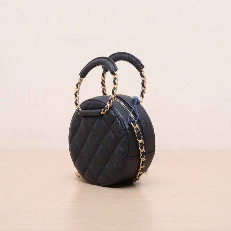CHANEL 黑色荔枝牛皮29開金扣手提圓餅鏈條包肩背包-3