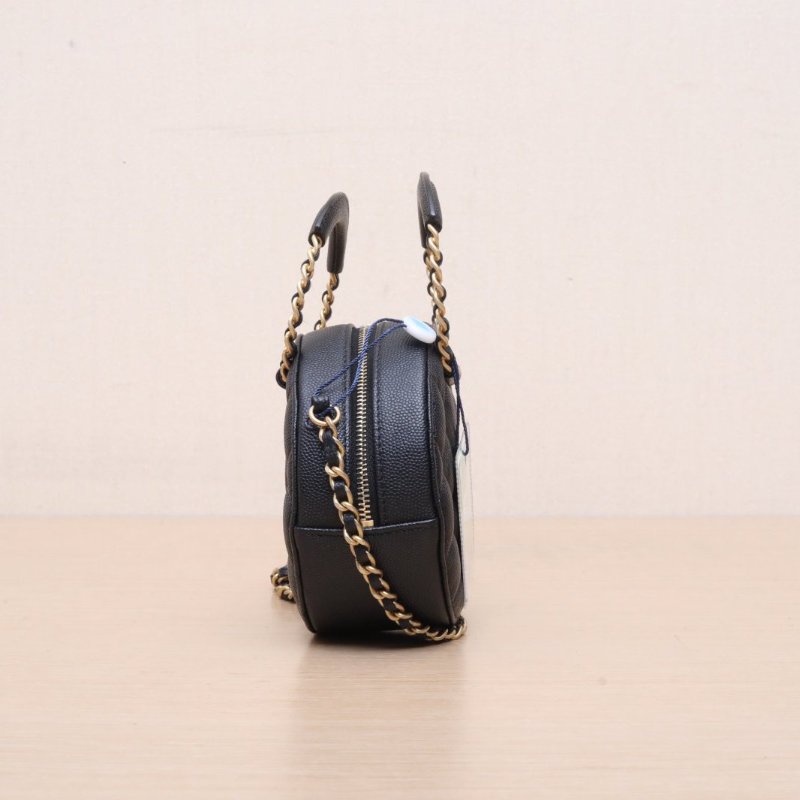 CHANEL 黑色荔枝牛皮29開金扣手提圓餅鏈條包肩背包-4