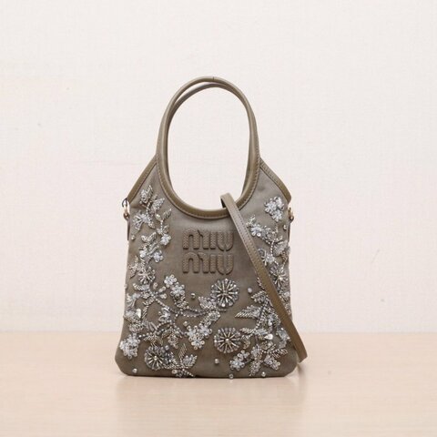 MIU MIU 綠色帆布珠片金扣25SSHoliday系列刺繡mini肩背包