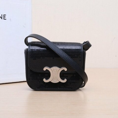 CELINE Triomphe凱旋門金屬鎖扣Mini牛皮/珠片銀扣肩背包