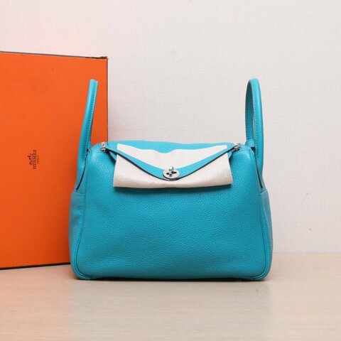HERMES Lindy30孔雀藍TC皮X刻銀扣肩背包