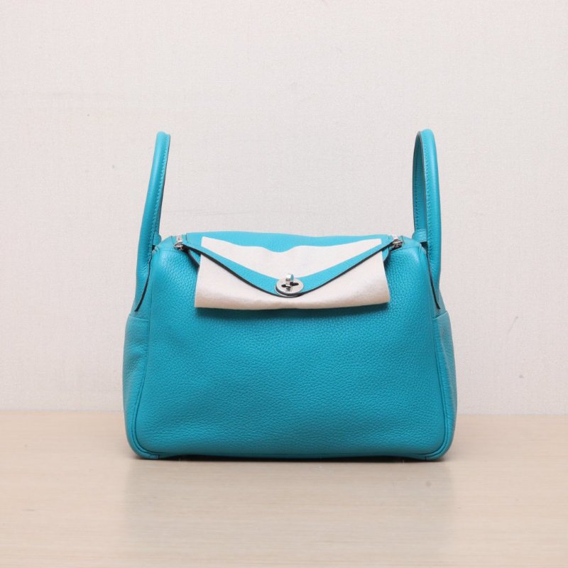 HERMES Lindy30孔雀藍TC皮X刻銀扣肩背包-1
