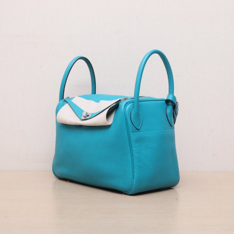 HERMES Lindy30孔雀藍TC皮X刻銀扣肩背包-4