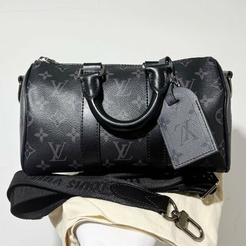 近新品 路易威登/Louis Vuitton Keepall25芯片款 黑武士老花手提斜背包