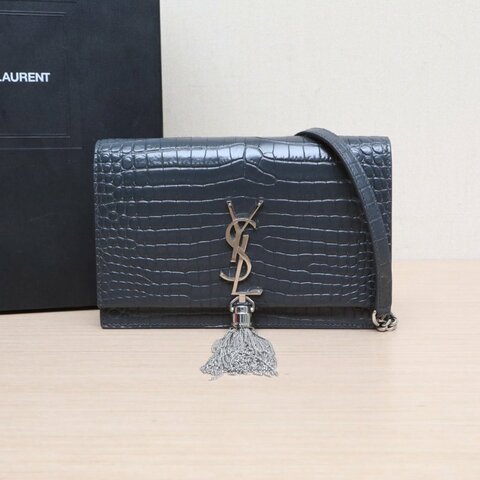 SAINT LAURENT KATEWoc鱷魚壓紋流蘇墨藍色牛皮銀扣肩背包