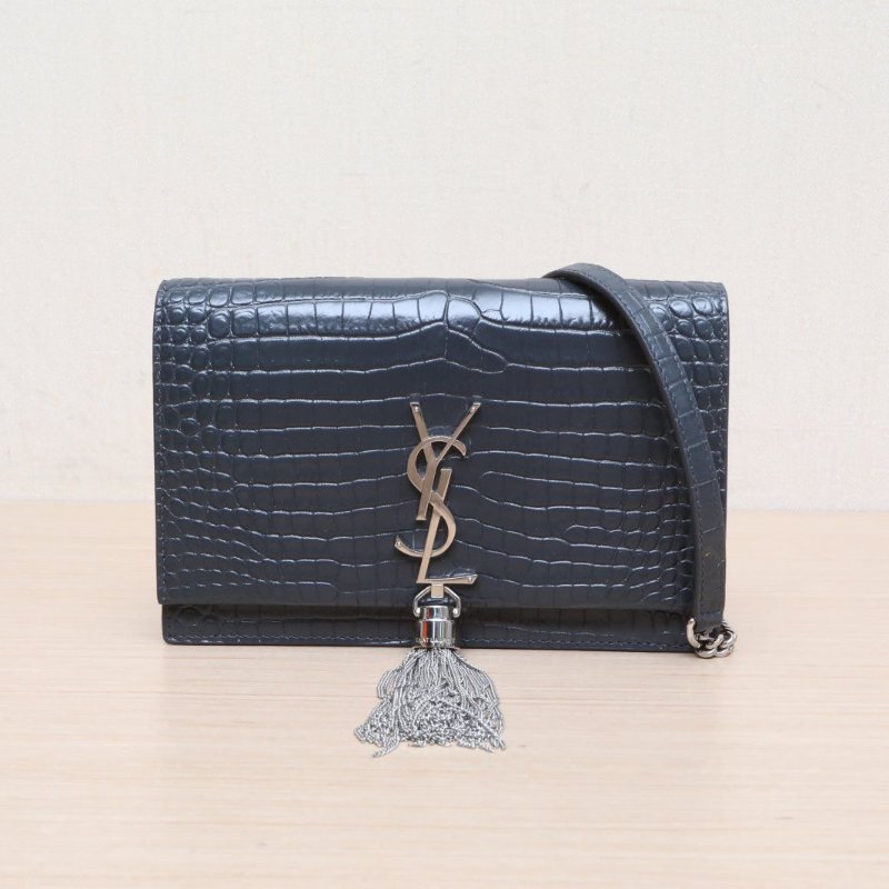 SAINT LAURENT KATEWoc鱷魚壓紋流蘇墨藍色牛皮銀扣肩背包-1