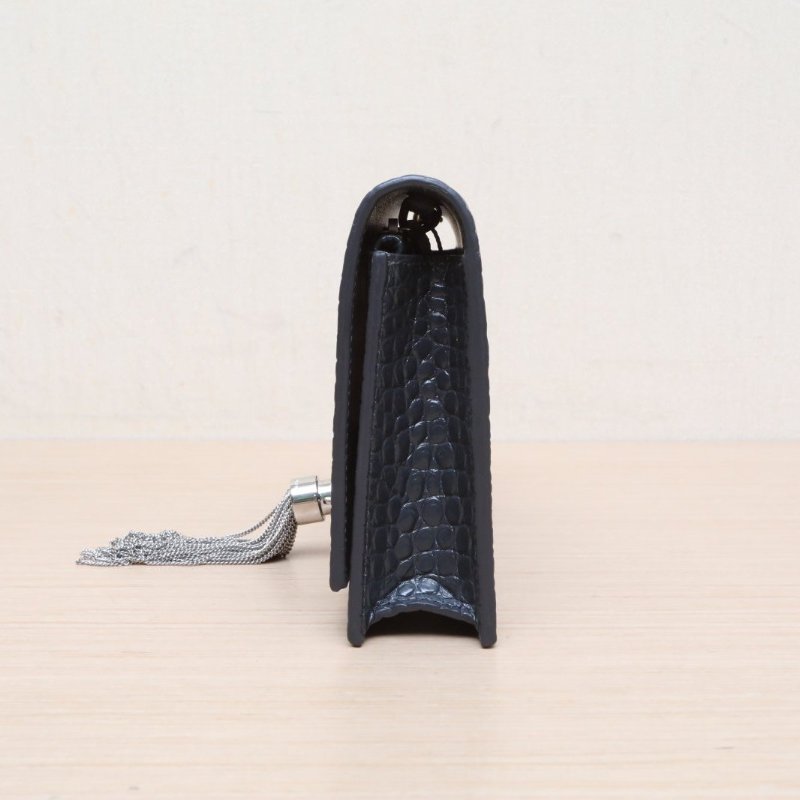 SAINT LAURENT KATEWoc鱷魚壓紋流蘇墨藍色牛皮銀扣肩背包-4
