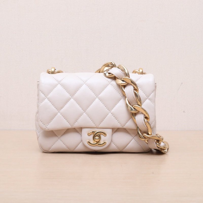 CHANEL 22P粗鏈條單肩包小號粉色羊皮晶片金扣肩背包-1