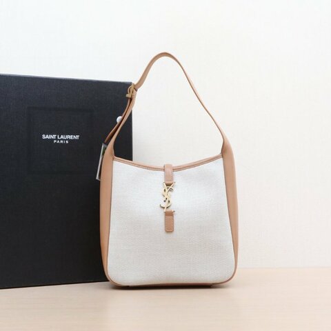 SAINT LAURENT LE5À7HOBO小號奶茶色牛皮/帆布金扣肩背包