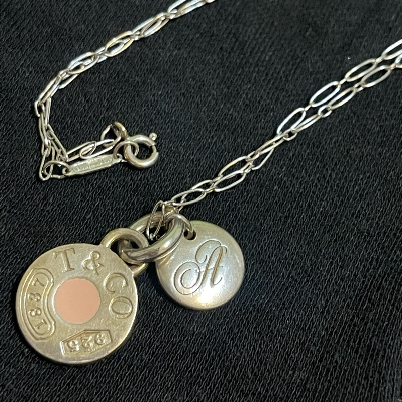 Tiffany 粉色琺瑯圓牌項鍊加英文純銀925圓牌-6