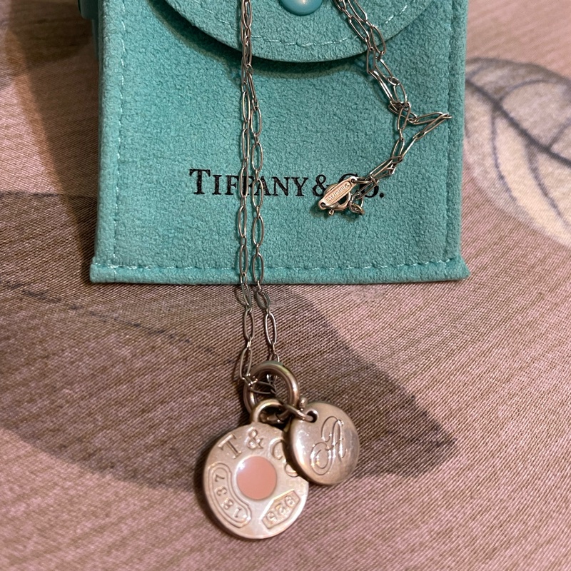 Tiffany 粉色琺瑯圓牌項鍊加英文純銀925圓牌-0