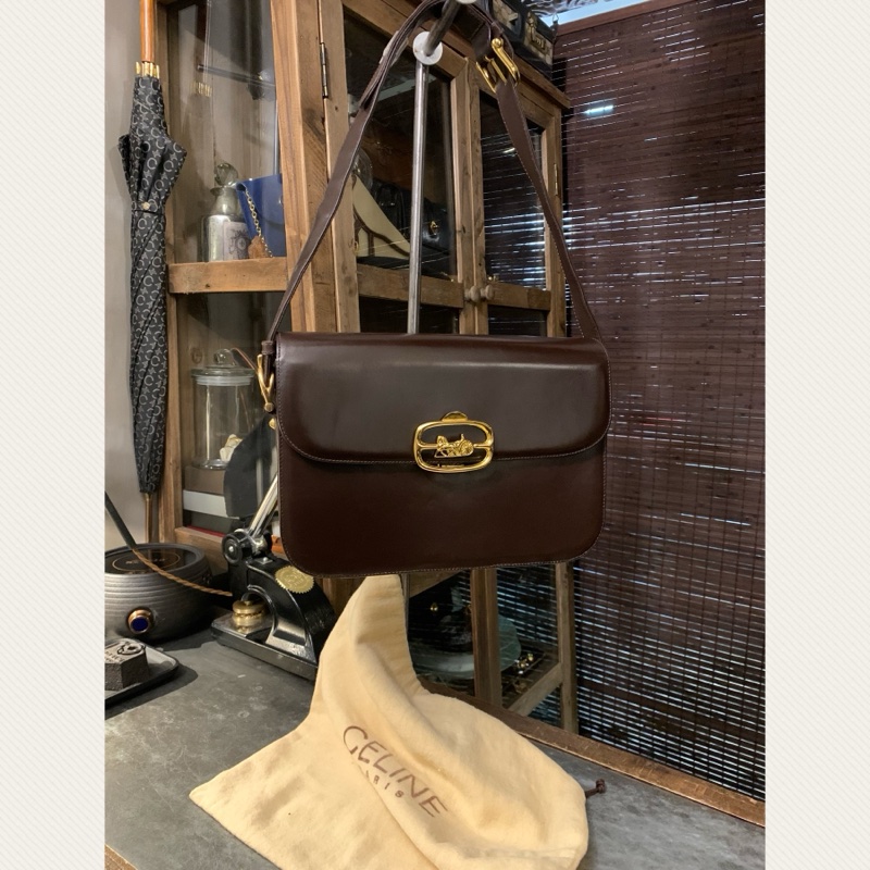 CELINE Vintage Horse Carriage Buckle In Gold Box Bag In Nut Brown  女裝中古馬車金扣深棕肩揹袋-7