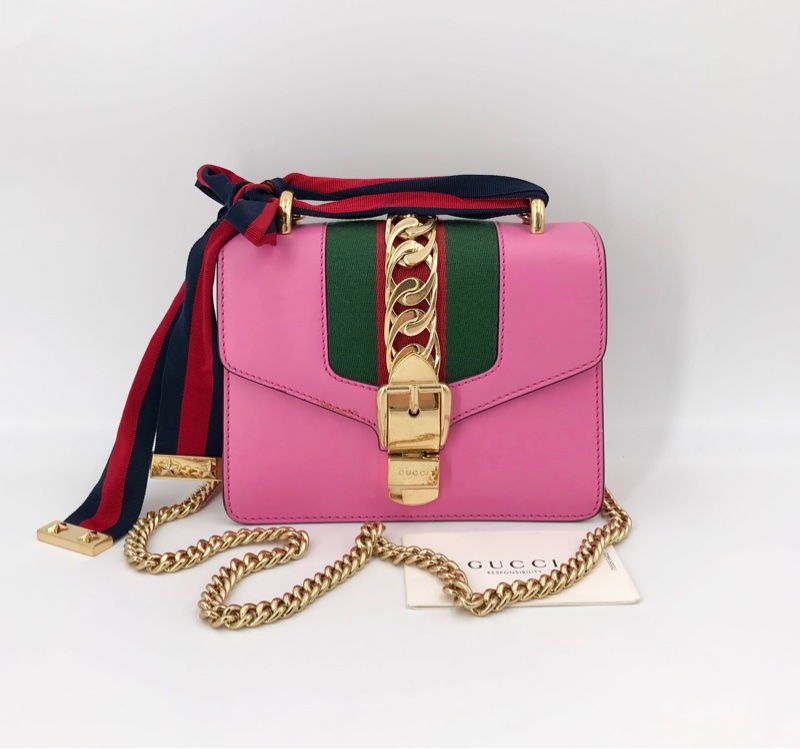 GUCCI Sylvie 迷你 粉色牛皮條紋織帶塞爾維亞 單肩包斜挎包手提包 金色五金 可拆卸肩帶-2