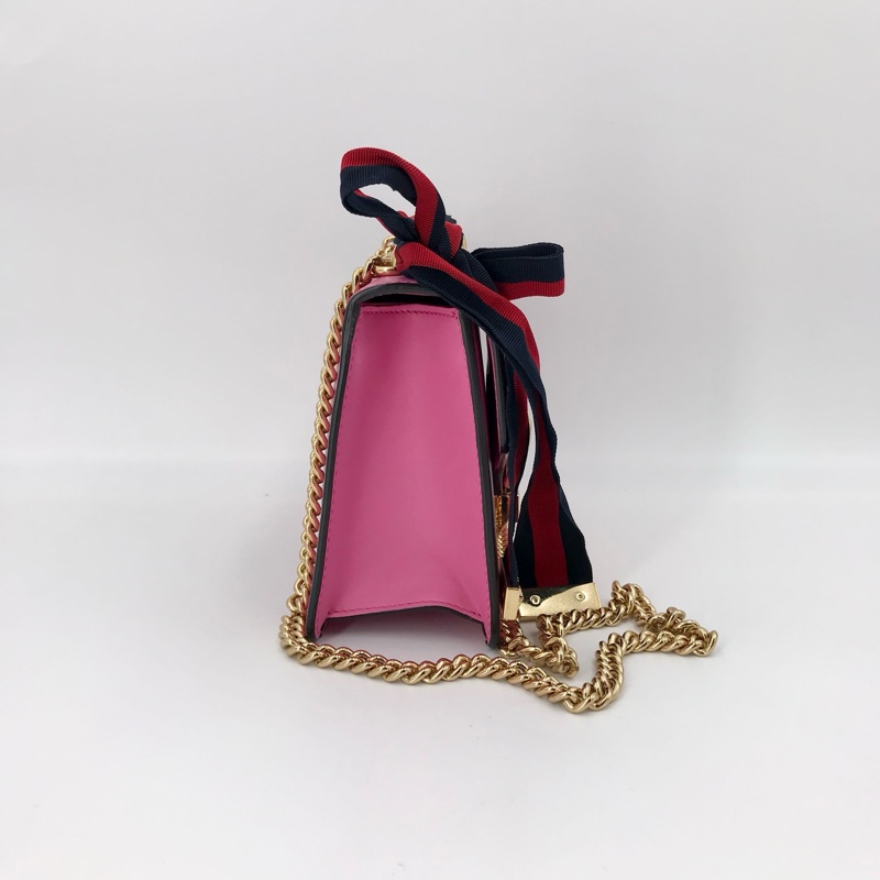 GUCCI Sylvie 迷你 粉色牛皮條紋織帶塞爾維亞 單肩包斜挎包手提包 金色五金 可拆卸肩帶-3