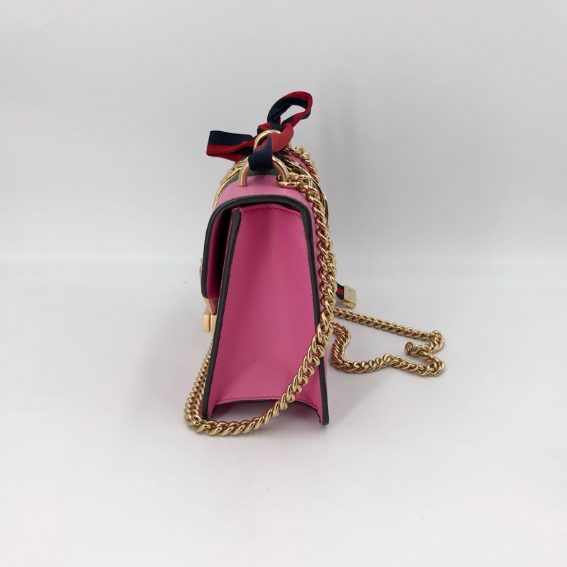 GUCCI Sylvie 迷你 粉色牛皮條紋織帶塞爾維亞 單肩包斜挎包手提包 金色五金 可拆卸肩帶-4