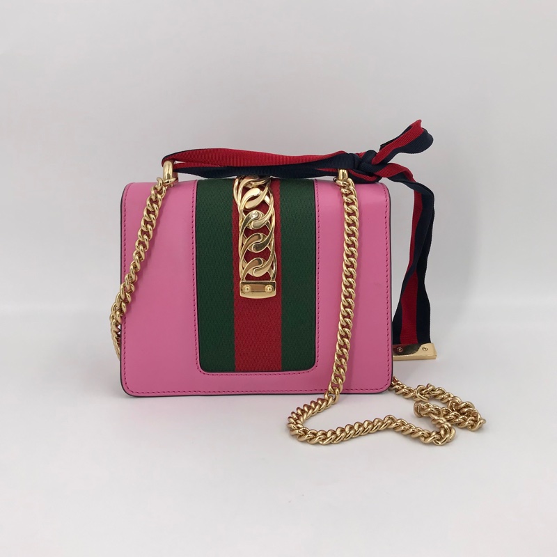 GUCCI Sylvie 迷你 粉色牛皮條紋織帶塞爾維亞 單肩包斜挎包手提包 金色五金 可拆卸肩帶-5