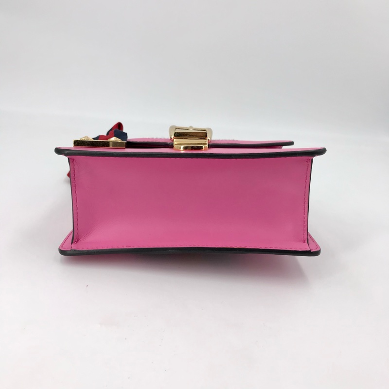 GUCCI Sylvie 迷你 粉色牛皮條紋織帶塞爾維亞 單肩包斜挎包手提包 金色五金 可拆卸肩帶-6