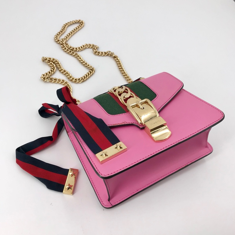 GUCCI Sylvie 迷你 粉色牛皮條紋織帶塞爾維亞 單肩包斜挎包手提包 金色五金 可拆卸肩帶-7