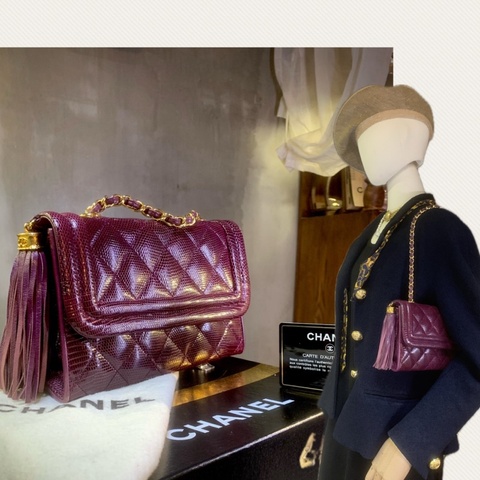 香奈兒中古酒紅色蜥蜴皮流蘇翻蓋包 Chanel Vintage Burgundy Lizard Skin Diamond Quilted Flap Bag with Tassel