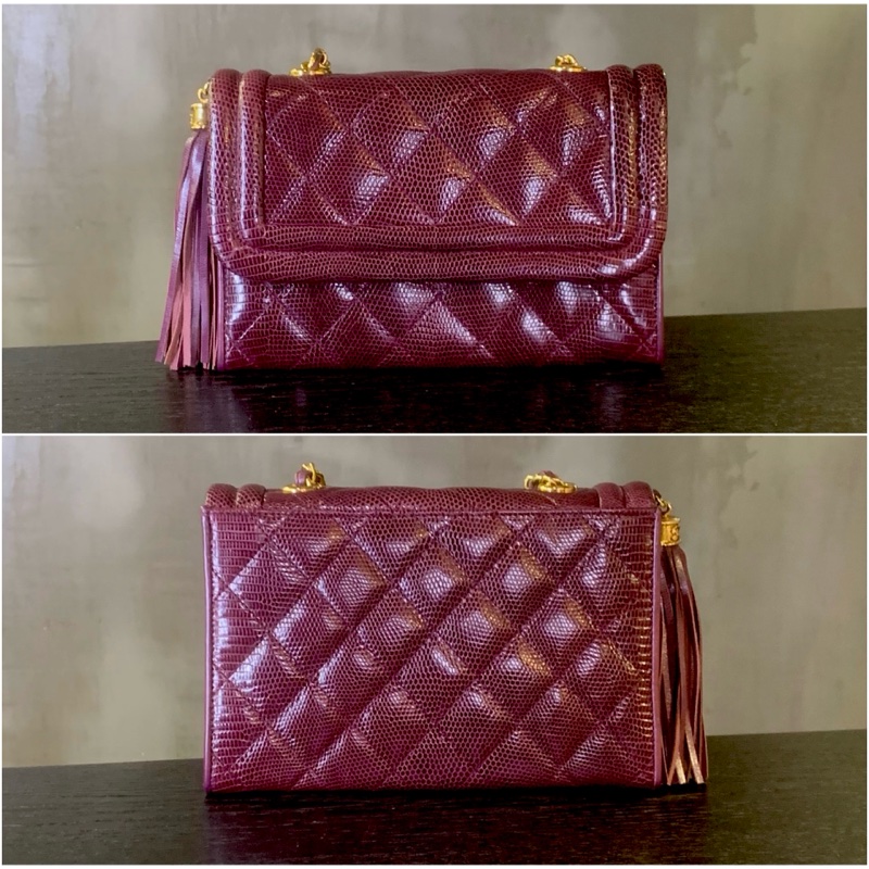 香奈兒中古酒紅色蜥蜴皮流蘇翻蓋包 Chanel Vintage Burgundy Lizard Skin Diamond Quilted Flap Bag with Tassel-1