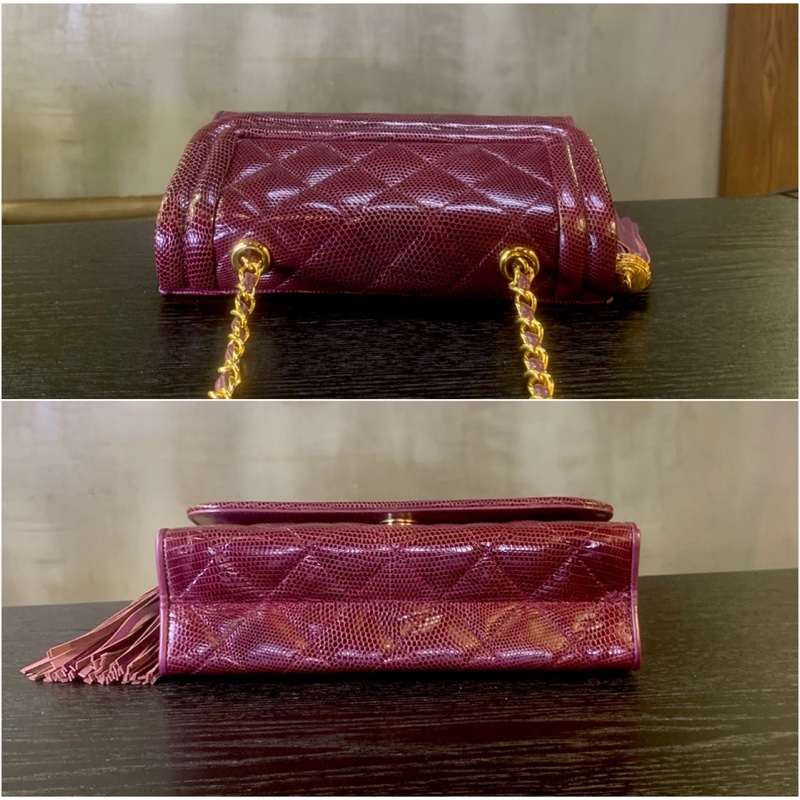 香奈兒中古酒紅色蜥蜴皮流蘇翻蓋包 Chanel Vintage Burgundy Lizard Skin Diamond Quilted Flap Bag with Tassel-2