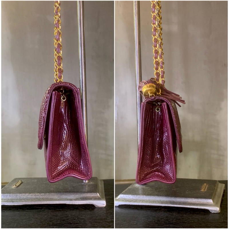 香奈兒中古酒紅色蜥蜴皮流蘇翻蓋包 Chanel Vintage Burgundy Lizard Skin Diamond Quilted Flap Bag with Tassel-3