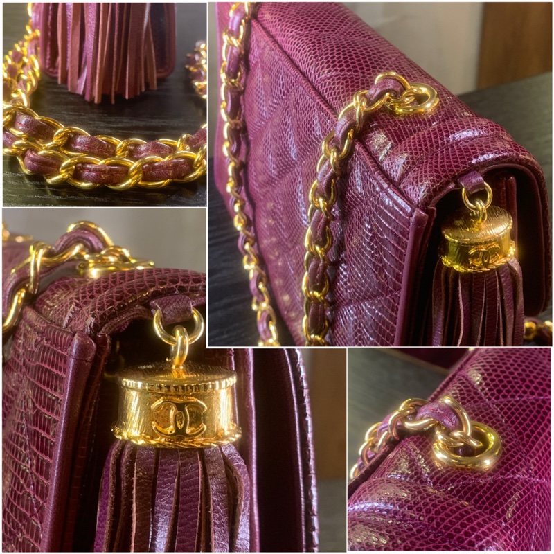 香奈兒中古酒紅色蜥蜴皮流蘇翻蓋包 Chanel Vintage Burgundy Lizard Skin Diamond Quilted Flap Bag with Tassel-4