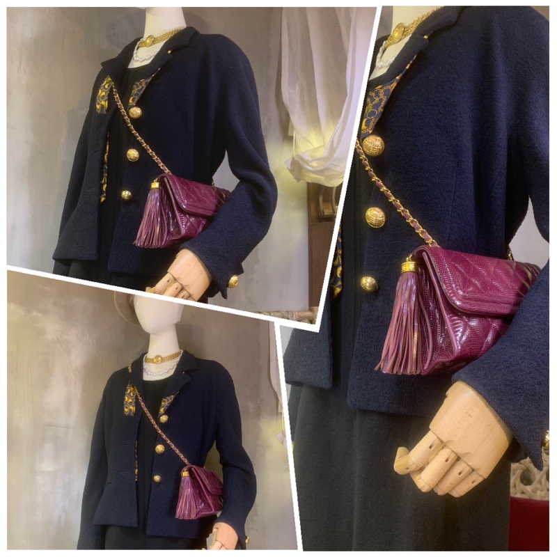 香奈兒中古酒紅色蜥蜴皮流蘇翻蓋包 Chanel Vintage Burgundy Lizard Skin Diamond Quilted Flap Bag with Tassel-6