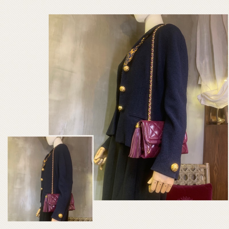 香奈兒中古酒紅色蜥蜴皮流蘇翻蓋包 Chanel Vintage Burgundy Lizard Skin Diamond Quilted Flap Bag with Tassel-7