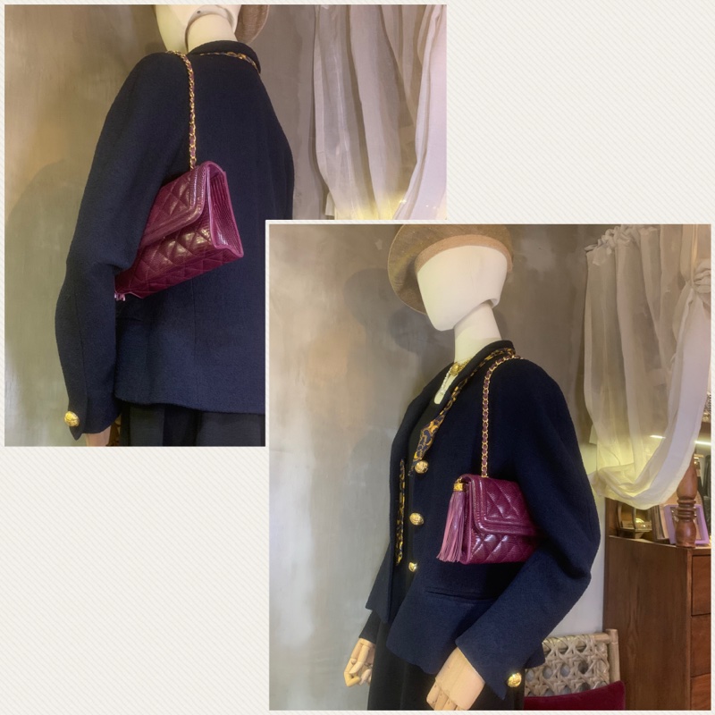 香奈兒中古酒紅色蜥蜴皮流蘇翻蓋包 Chanel Vintage Burgundy Lizard Skin Diamond Quilted Flap Bag with Tassel-8