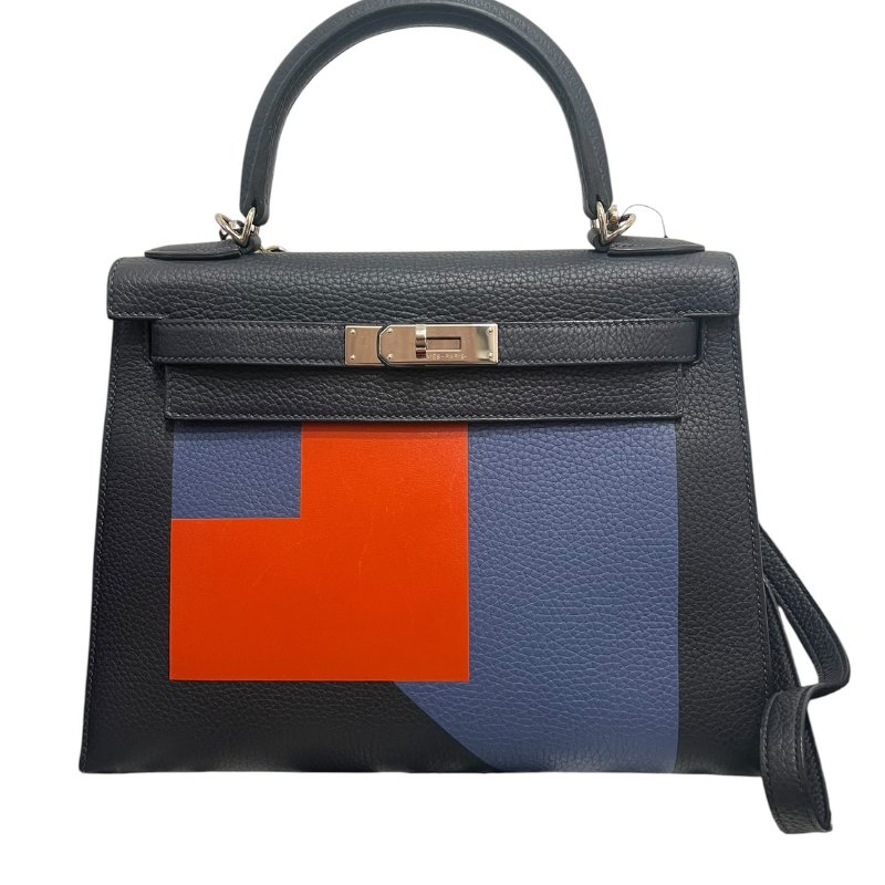 【美收精品】HERMÈS 深藍橘藍幾何拼色 Kelly 手提肩背包 5-244-0