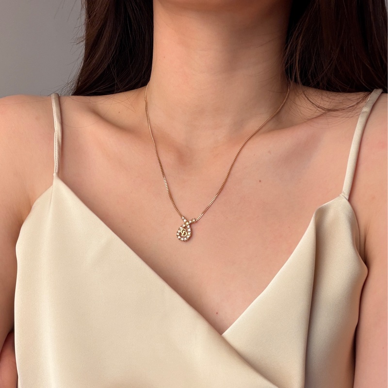 Christian Dior 鍍金水鑽CD logo項鏈 頸鍊 迪奧 水滴形 中古-1