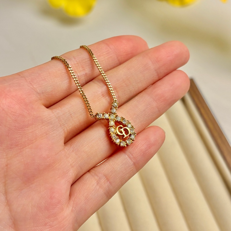 Christian Dior 鍍金水鑽CD logo項鏈 頸鍊 迪奧 水滴形 中古-3