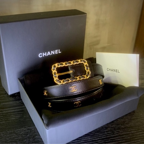 Chanel Vintage Rare Calfskin Belt With CC Logos In Black（Full set) 香奈兒24k鍍金滿鑲CC Logo皮帶