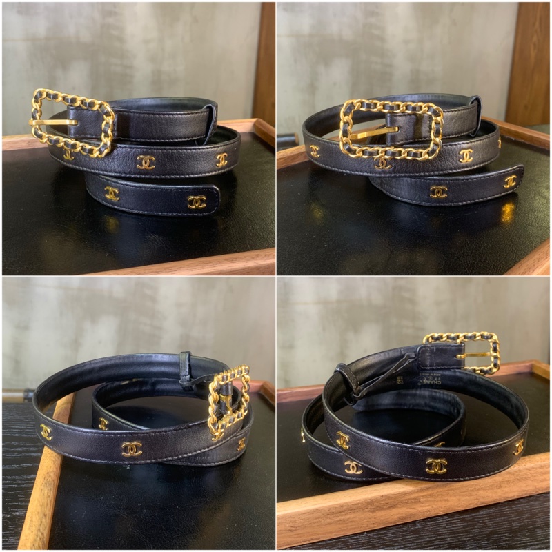 Chanel Vintage Rare Calfskin Belt With CC Logos In Black（Full set) 香奈兒24k鍍金滿鑲CC Logo皮帶-1