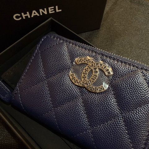 Chanel 深藍荔枝皮雙C鑲logo ㄇ拉零錢卡包