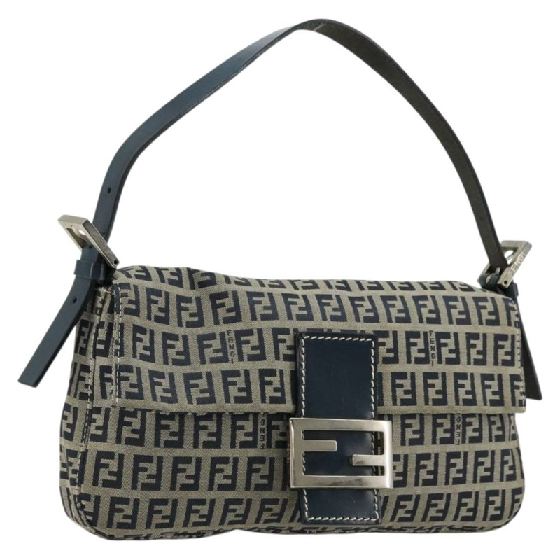 【日本直送】FENDI Zucchino帆布Mamma Baguette單肩包 海軍藍 銀色 正品 177677A-0