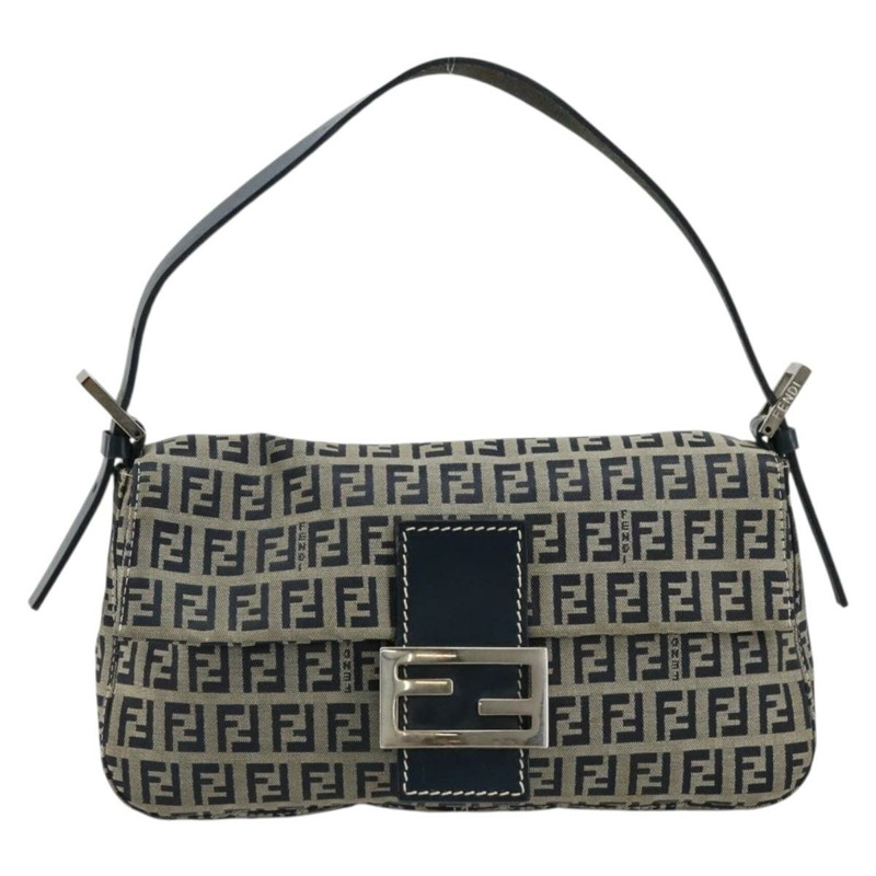 【日本直送】FENDI Zucchino帆布Mamma Baguette單肩包 海軍藍 銀色 正品 177677A-12