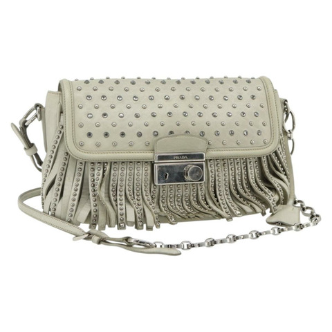 PRADA 鏈條單肩包 皮革 銀色 象牙色 正品 179041A