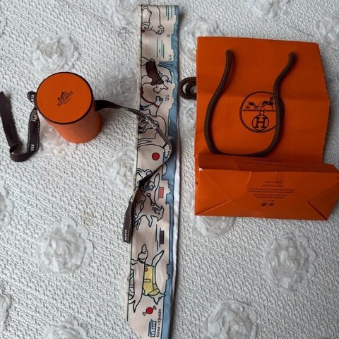 Hermes 愛馬仕 twilly 絲巾 巴黎愛犬圖案